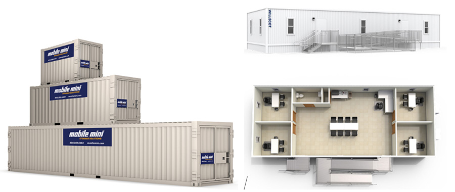 Portable storage units show left hand side below, modular office example right hand side below 